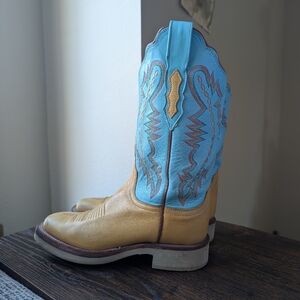 Lucchese 2000 Tan Aqua Blue Flame Embroidered Unisex Cowboy Western Boots
